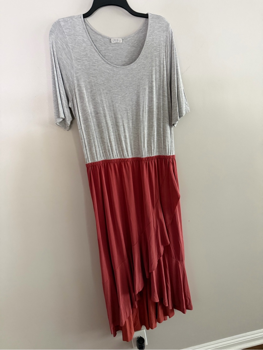 Spense Grey Top with Rust Ruffle Skirt Dress